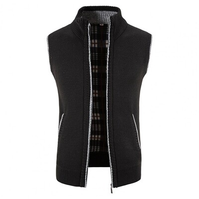 Cardigan tricotat vestă moale îmbrăcăminte exterioară pentru bărbați cu guler de iarnă, căptușeală din lână îngroșată solidă, vestă de tricotat, caldă