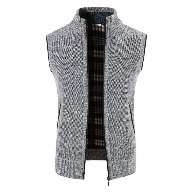 Cardigan tricotat vestă moale îmbrăcăminte exterioară pentru bărbați cu guler de iarnă, căptușeală din lână îngroșată solidă, vestă de tricotat, caldă