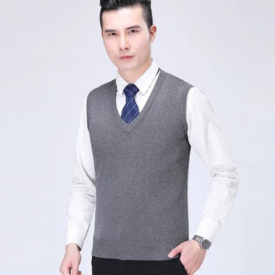 Muška odjeća Prsluk Pleteni džemperi za muškarce Bež V izrez bez rukava Glatki poslovni red Vrećasti korejski stil Ležerni XS