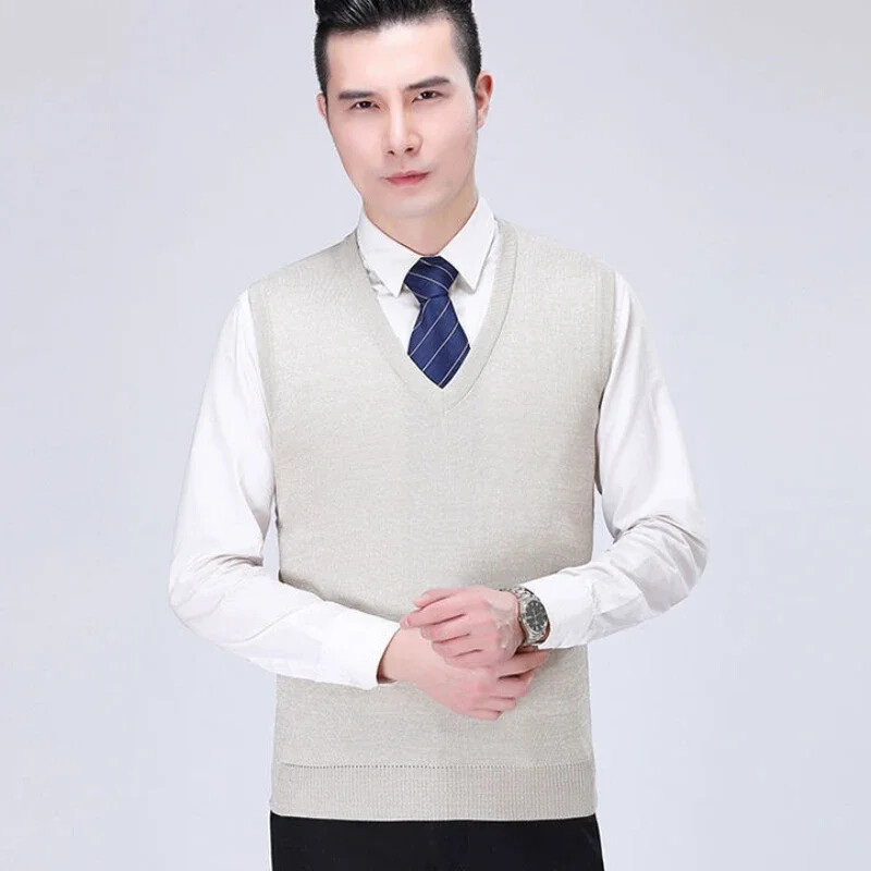 Muška odjeća Prsluk Pleteni džemperi za muškarce Bež V izrez bez rukava Glatki poslovni red Vrećasti korejski stil Ležerni XS