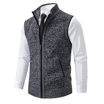 Pulover tricotat pentru bărbați, fără mâneci, cardigan, cu fermoar, pulover, vestă, ocazional, fără mâneci, jachetă caldă, slim fit, cu guler în picioare.