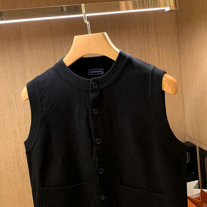 Pleteni muški pulover s džepovima Muška odjeća Crni okrugli ovratnik Bez rukava s okruglim izrezom Prsluk Japanska Harajuku moda A