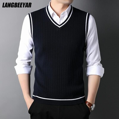 Calitate superioară, marca de modă toamnă iarnă, slim Fit, tricot, cu decolteu în V, vestă, pentru bărbați, la modă, din lână, fără mâneci, ocazional, haine pentru bărbați