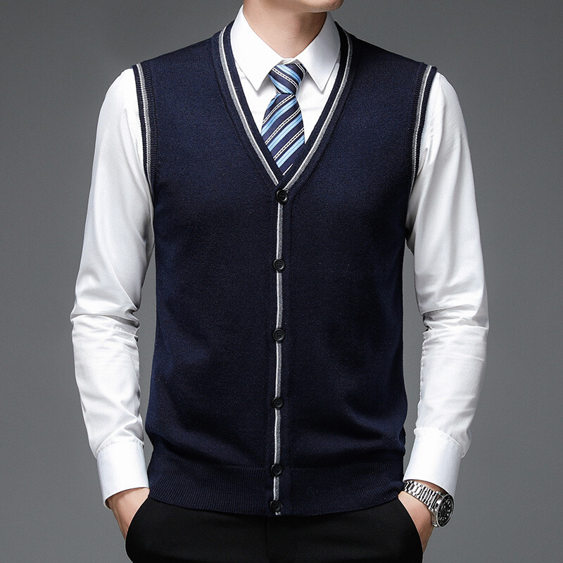 Jesenski muški poslovni ležerni pleteni prsluk Klasični stil Kontrast boja Vuneni prsluk bez rukava Džemper Muška marka odjeće