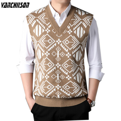Bărbați Lână Tricot Vestă Tank Pulover Gât în V Topuri Fără mâneci De bază pentru Toamna Iarnă Retro Vintage Print Îmbrăcăminte pentru bărbați 00088