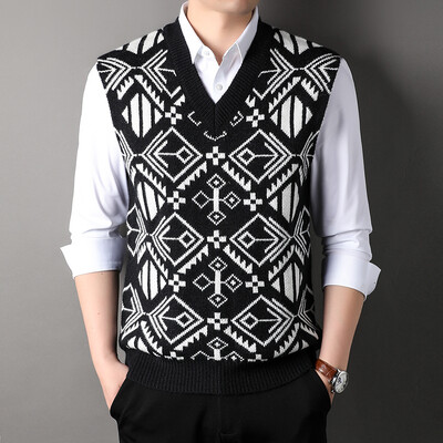Muški vuneni pleteni prsluk bez rukava V izrez bez rukava Basic za Jesen Zima Retro Vintage Print Muška odjeća 00088