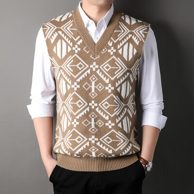 Muški vuneni pleteni prsluk bez rukava V izrez bez rukava Basic za Jesen Zima Retro Vintage Print Muška odjeća 00088