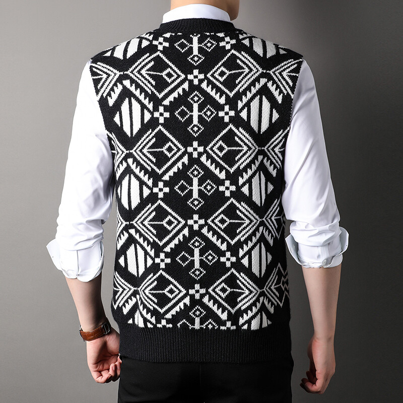 Muški vuneni pleteni prsluk bez rukava V izrez bez rukava Basic za Jesen Zima Retro Vintage Print Muška odjeća 00088