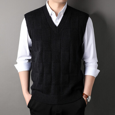 Meeste vanaaegne villane kootud vest V-kaelusega kampsun-pullover, varrukateta põhilised sügistalvised meesterõivad 00086