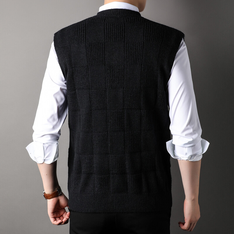 Meeste vanaaegne villane kootud vest V-kaelusega kampsun-pullover, varrukateta põhilised sügistalvised meesterõivad 00086