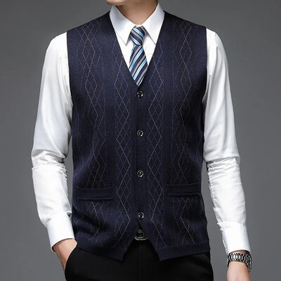 Muški novi debeli prsluk za jesen i zimu 2024., poslovni prsluk s V-izrezom, ležerni pleteni kardigan