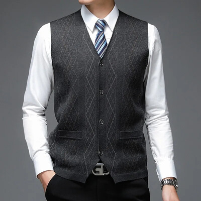 Muški novi debeli prsluk za jesen i zimu 2024., poslovni prsluk s V-izrezom, ležerni pleteni kardigan