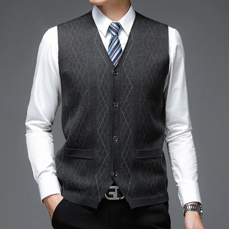 Muški novi debeli prsluk za jesen i zimu 2024., poslovni prsluk s V-izrezom, ležerni pleteni kardigan