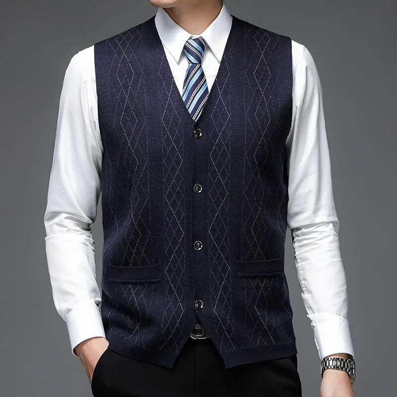 Muški novi debeli prsluk za jesen i zimu 2024., poslovni prsluk s V-izrezom, ležerni pleteni kardigan