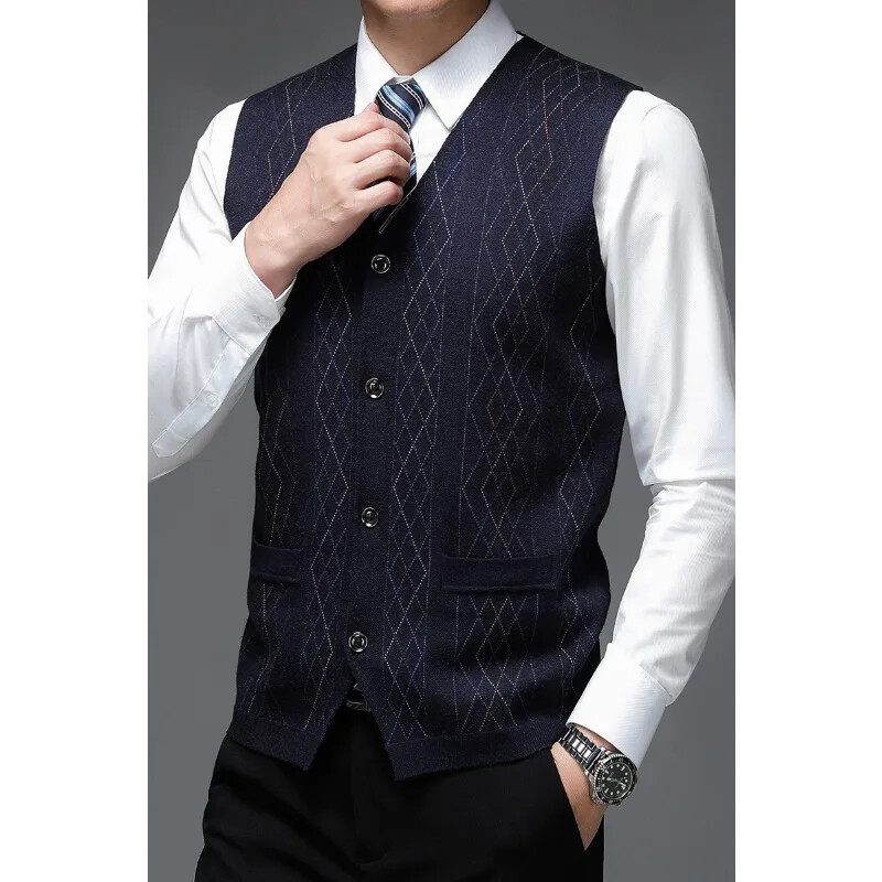 Muški novi debeli prsluk za jesen i zimu 2024., poslovni prsluk s V-izrezom, ležerni pleteni kardigan