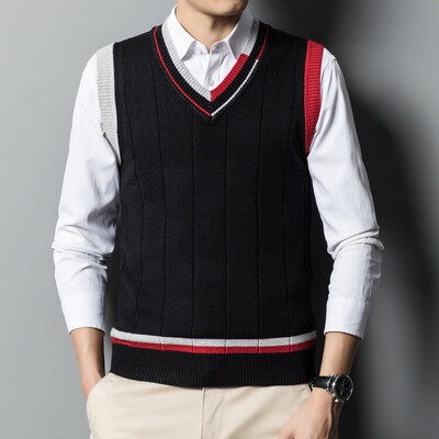 Bărbați din lână tricot vestă rezervor patchwork pulovere fără mâneci Pulover Topuri de bază pentru toamna iarnă modă casual cu decolteu în V 00052