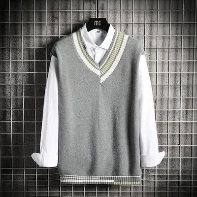 Îmbrăcăminte pentru bărbați Vestă verde Pulover din tricot retro japonez pentru bărbați, cu decolteu în V, vestă fără mâneci, mozaic, haine coreene de toamnă Strada A
