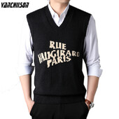 Muški vuneni pleteni prsluk bez rukava, majica s printom slova, osnovni pulover bez rukava za jesen i zimu, muška odjeća u korejskom stilu s V izrezom 00089