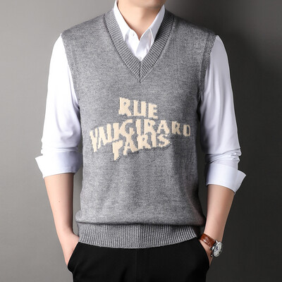 Muški vuneni pleteni prsluk bez rukava, majica s printom slova, osnovni pulover bez rukava za jesen i zimu, muška odjeća u korejskom stilu s V izrezom 00089