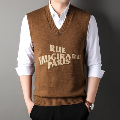 Muški vuneni pleteni prsluk bez rukava, majica s printom slova, osnovni pulover bez rukava za jesen i zimu, muška odjeća u korejskom stilu s V izrezom 00089