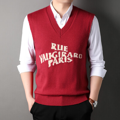 Muški vuneni pleteni prsluk bez rukava, majica s printom slova, osnovni pulover bez rukava za jesen i zimu, muška odjeća u korejskom stilu s V izrezom 00089