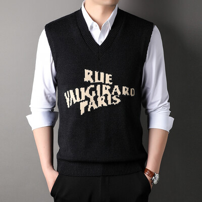 Muški vuneni pleteni prsluk bez rukava, majica s printom slova, osnovni pulover bez rukava za jesen i zimu, muška odjeća u korejskom stilu s V izrezom 00089