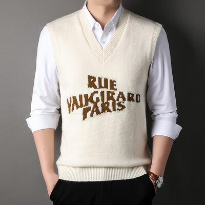 Muški vuneni pleteni prsluk bez rukava, majica s printom slova, osnovni pulover bez rukava za jesen i zimu, muška odjeća u korejskom stilu s V izrezom 00089
