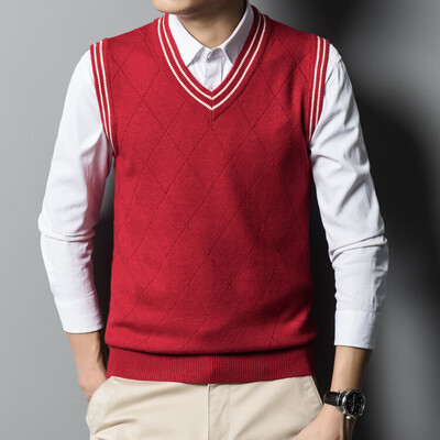 Vuneni pleteni prsluk bez rukava Džemperi, pulover s V izrezom za tinejdžere, mlade muškarce Basic Jesen Zima Jednozeleno Crveno 00054