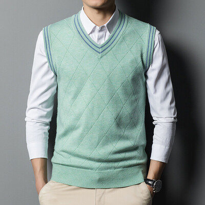 Vuneni pleteni prsluk bez rukava Džemperi, pulover s V izrezom za tinejdžere, mlade muškarce Basic Jesen Zima Jednozeleno Crveno 00054