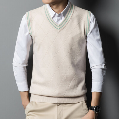 Vuneni pleteni prsluk bez rukava Džemperi, pulover s V izrezom za tinejdžere, mlade muškarce Basic Jesen Zima Jednozeleno Crveno 00054