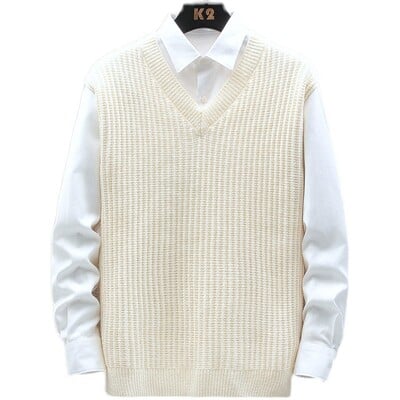 Vestă pentru bărbați, ocazional de afaceri, pulover tricotat negru, solid, cu decolteu în V, îmbrăcăminte de golf, în aer liber, pulover tricotat de primăvară, din bumbac, pentru bărbați.