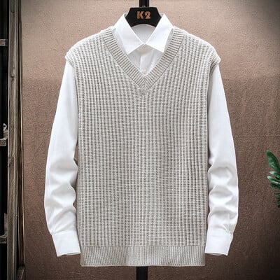 Vestă pentru bărbați, ocazional de afaceri, pulover tricotat negru, solid, cu decolteu în V, îmbrăcăminte de golf, în aer liber, pulover tricotat de primăvară, din bumbac, pentru bărbați.