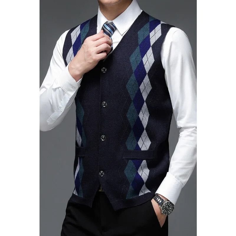 Muški novi debeli prsluk za jesen i zimu 2024., poslovni prsluk s V-izrezom, ležerni pleteni kardigan