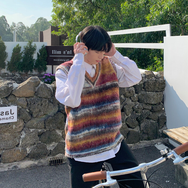 Pulover i prsluk Ležerni široki V-izrez Na pruge Proljeće Jesen Tie Dye Moda Retro Mekani Japanski stil Uniseks Dnevno pletenje Mladenački