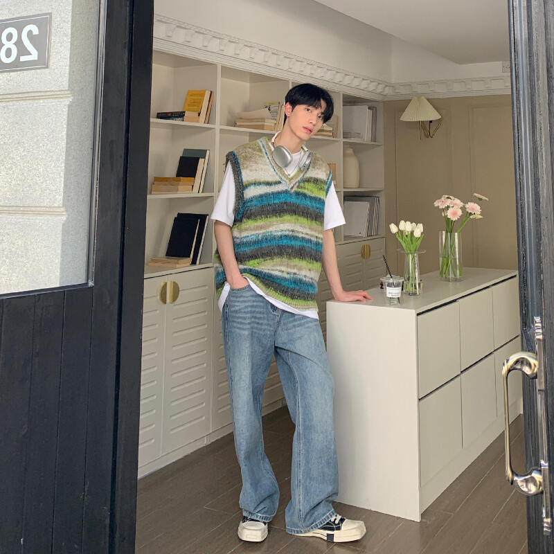 Pulover i prsluk Ležerni široki V-izrez Na pruge Proljeće Jesen Tie Dye Moda Retro Mekani Japanski stil Uniseks Dnevno pletenje Mladenački