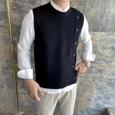 Pleteni džemperi za muškarce Prsluk bez rukava Muška odjeća s gumbima Zeleni prsluk s prorezima Vintage ulični dizajner 90-ih Luksuzni overfit XA