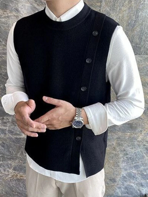 Pleteni džemperi za muškarce Prsluk bez rukava Muška odjeća s gumbima Zeleni prsluk s prorezima Vintage ulični dizajner 90-ih Luksuzni overfit XA