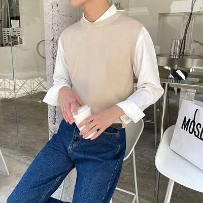 Muška odjeća, prsluk bez rukava, pleteni pulover, muški okrugli ovratnik, obični plavi prsluk s okruglim izrezom, jednobojni japanski retro topao XA