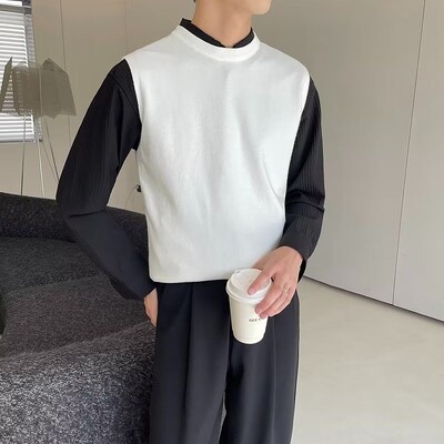 Muška odjeća, prsluk bez rukava, pleteni pulover, muški okrugli ovratnik, obični plavi prsluk s okruglim izrezom, jednobojni japanski retro topao XA