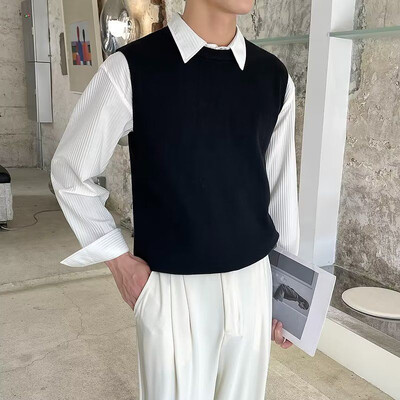 Muška odjeća, prsluk bez rukava, pleteni pulover, muški okrugli ovratnik, obični plavi prsluk s okruglim izrezom, jednobojni japanski retro topao XA