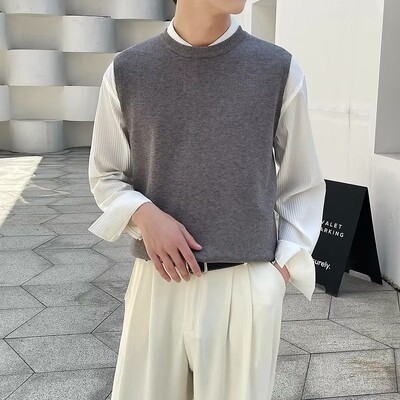 Muška odjeća, prsluk bez rukava, pleteni pulover, muški okrugli ovratnik, obični plavi prsluk s okruglim izrezom, jednobojni japanski retro topao XA