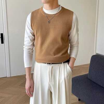 Muška odjeća, prsluk bez rukava, pleteni pulover, muški okrugli ovratnik, obični plavi prsluk s okruglim izrezom, jednobojni japanski retro topao XA