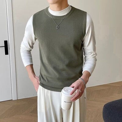 Muška odjeća, prsluk bez rukava, pleteni pulover, muški okrugli ovratnik, obični plavi prsluk s okruglim izrezom, jednobojni japanski retro topao XA