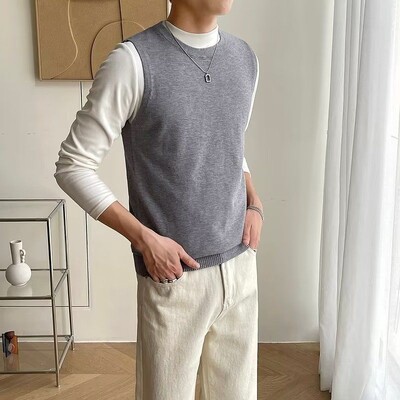 Muška odjeća, prsluk bez rukava, pleteni pulover, muški okrugli ovratnik, obični plavi prsluk s okruglim izrezom, jednobojni japanski retro topao XA