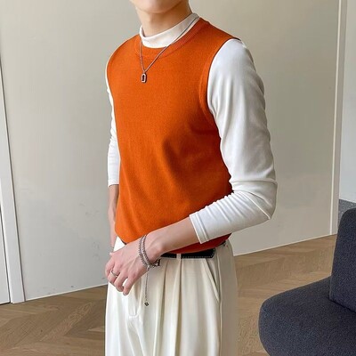 Muška odjeća, prsluk bez rukava, pleteni pulover, muški okrugli ovratnik, obični plavi prsluk s okruglim izrezom, jednobojni japanski retro topao XA