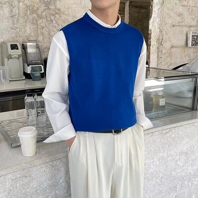 Muška odjeća, prsluk bez rukava, pleteni pulover, muški okrugli ovratnik, obični plavi prsluk s okruglim izrezom, jednobojni japanski retro topao XA