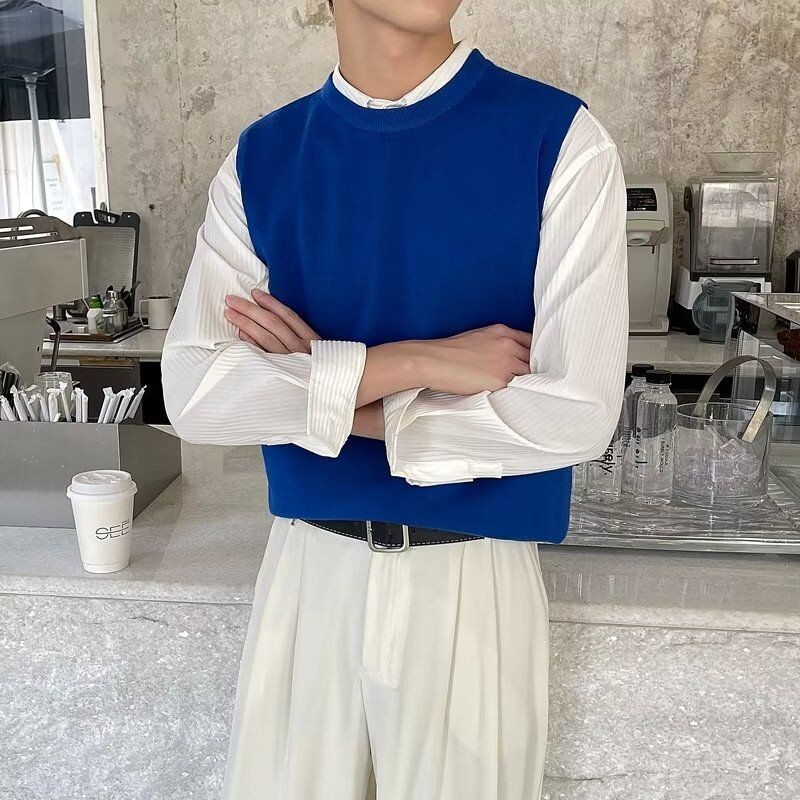 Muška odjeća, prsluk bez rukava, pleteni pulover, muški okrugli ovratnik, obični plavi prsluk s okruglim izrezom, jednobojni japanski retro topao XA