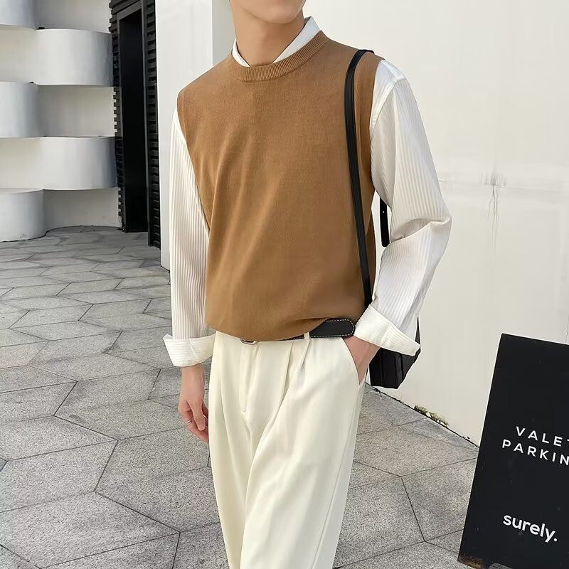 Muška odjeća, prsluk bez rukava, pleteni pulover, muški okrugli ovratnik, obični plavi prsluk s okruglim izrezom, jednobojni japanski retro topao XA