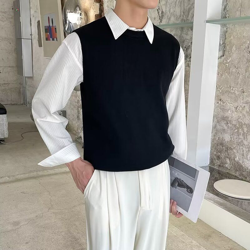 Muška odjeća, prsluk bez rukava, pleteni pulover, muški okrugli ovratnik, obični plavi prsluk s okruglim izrezom, jednobojni japanski retro topao XA