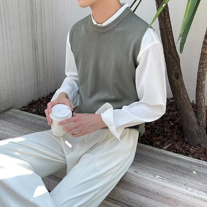 Muška odjeća, prsluk bez rukava, pleteni pulover, muški okrugli ovratnik, obični plavi prsluk s okruglim izrezom, jednobojni japanski retro topao XA